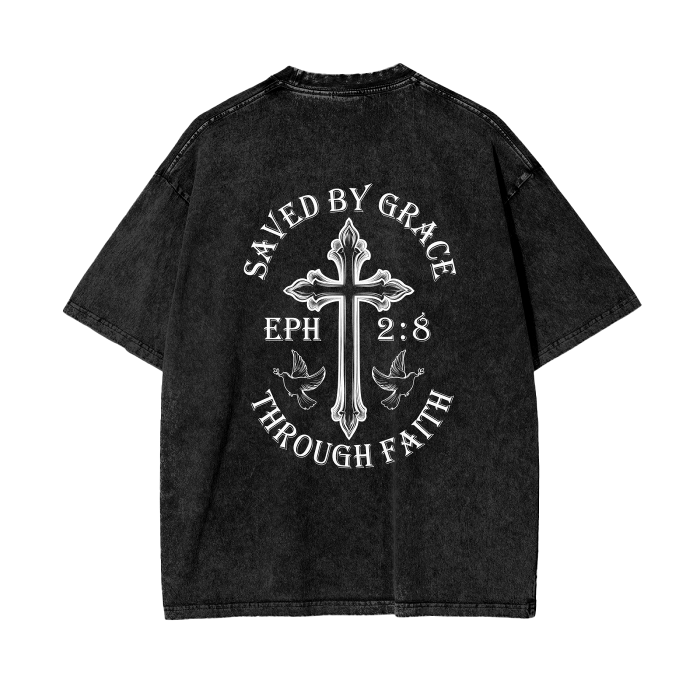 Christian clothing black saved by grace T-Shirt back view