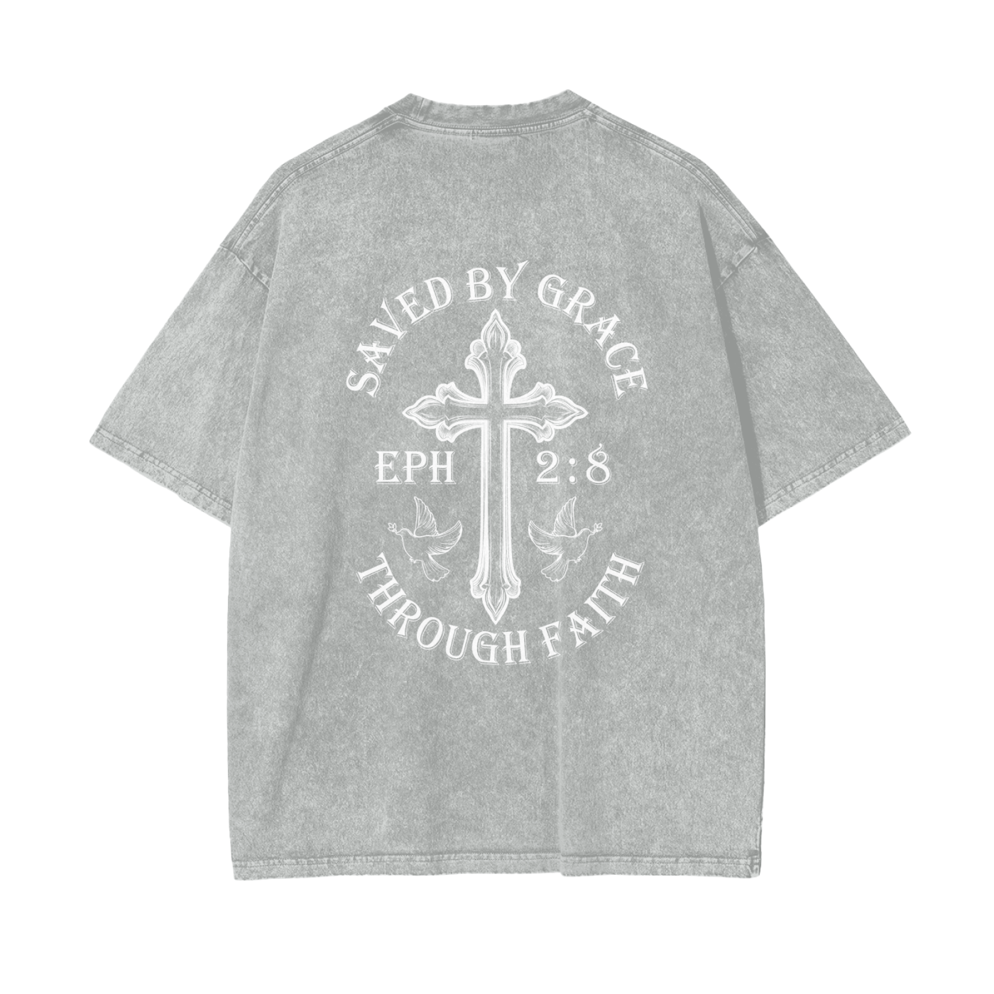 Christian clothing grey saved by grace T-Shirt back view