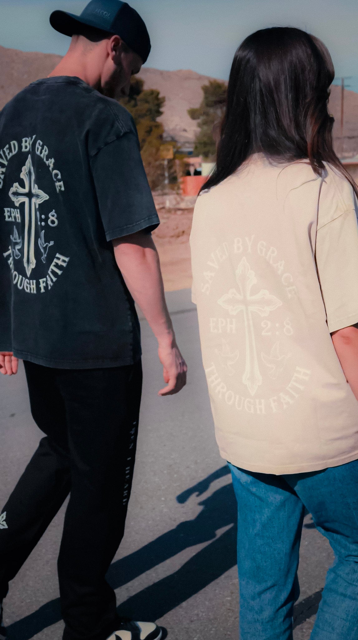 Christian clothing black and beige saved by grace T-Shirt side view