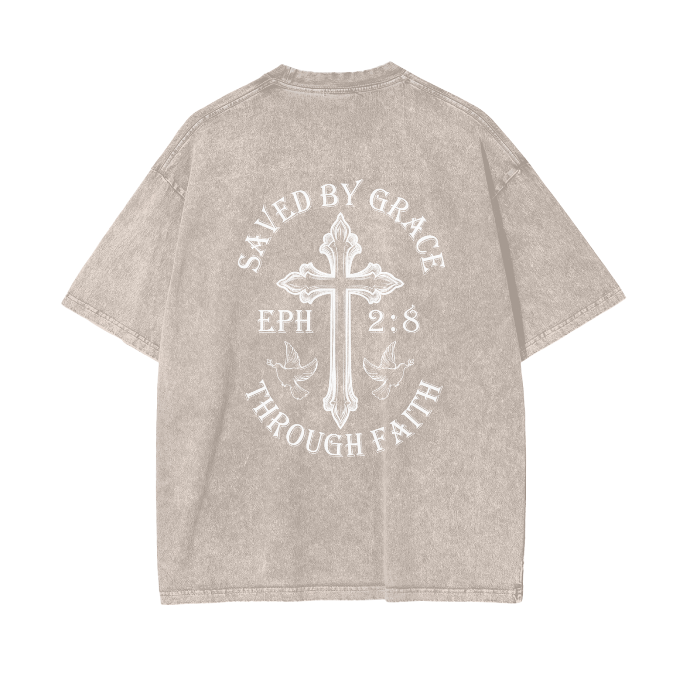 Christian clothing beige saved by grace T-Shirt back view
