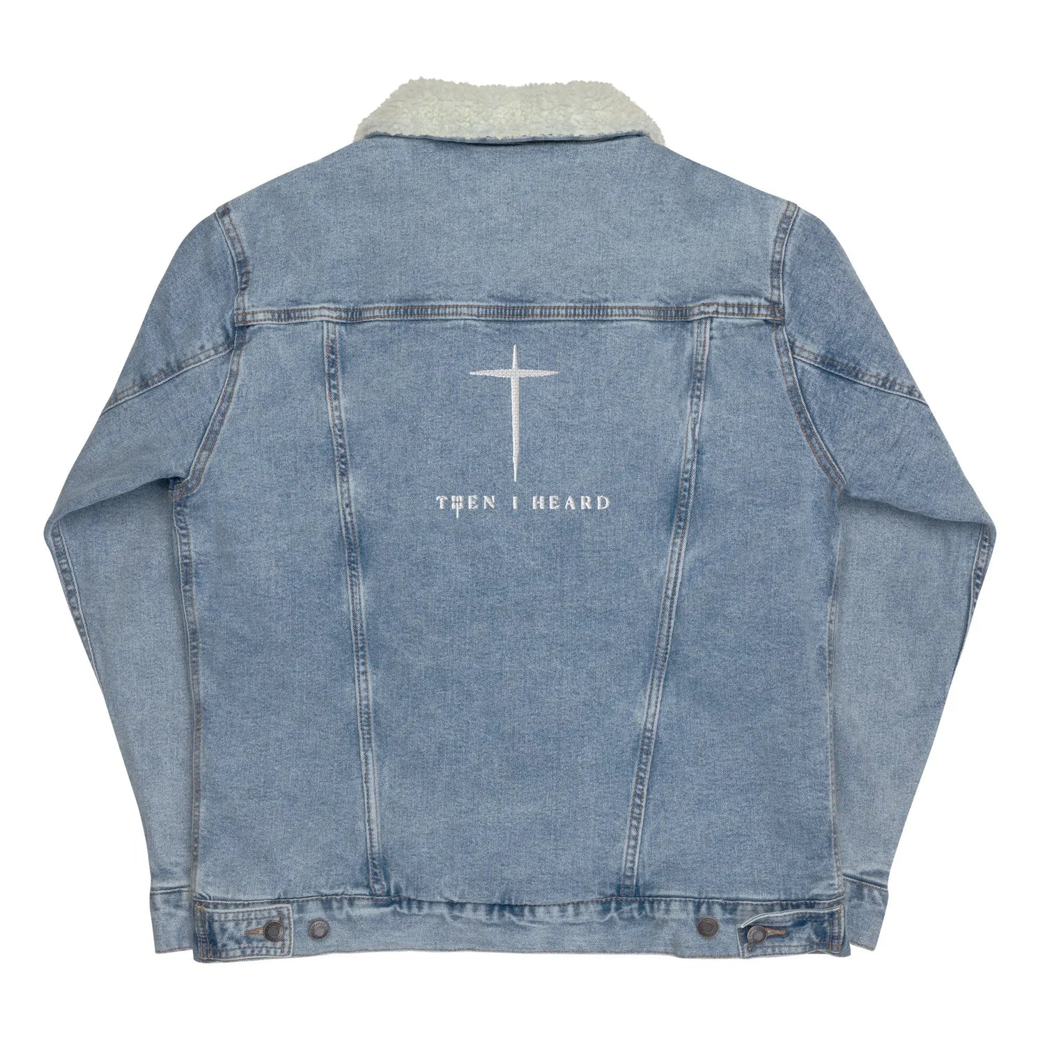 Christian clothing blue denim Jacket with cross back view